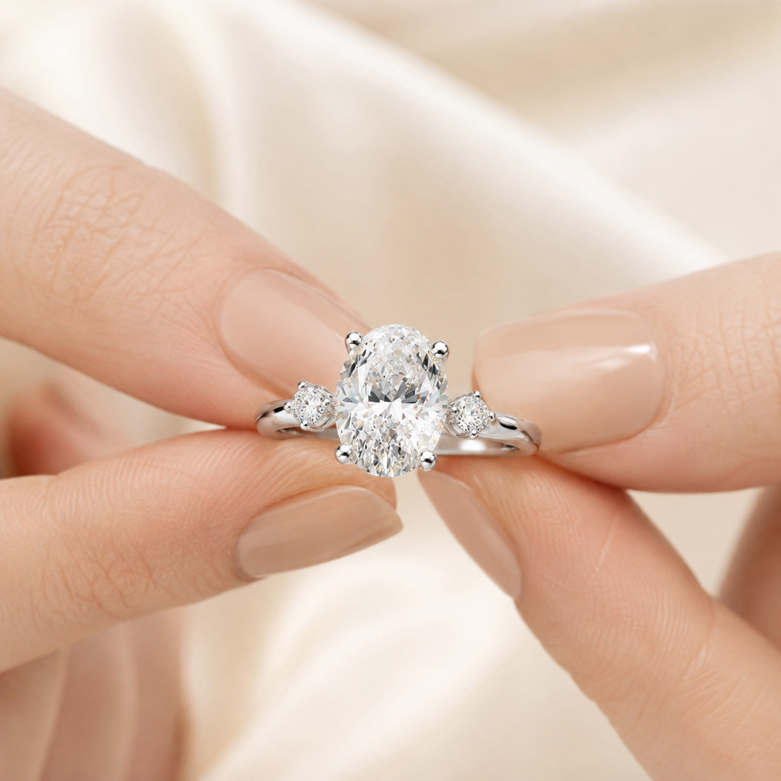 A close-up of a silver ring with a large oval-cut center stone and smaller side stones, held between two fingers against a soft cream satin background.