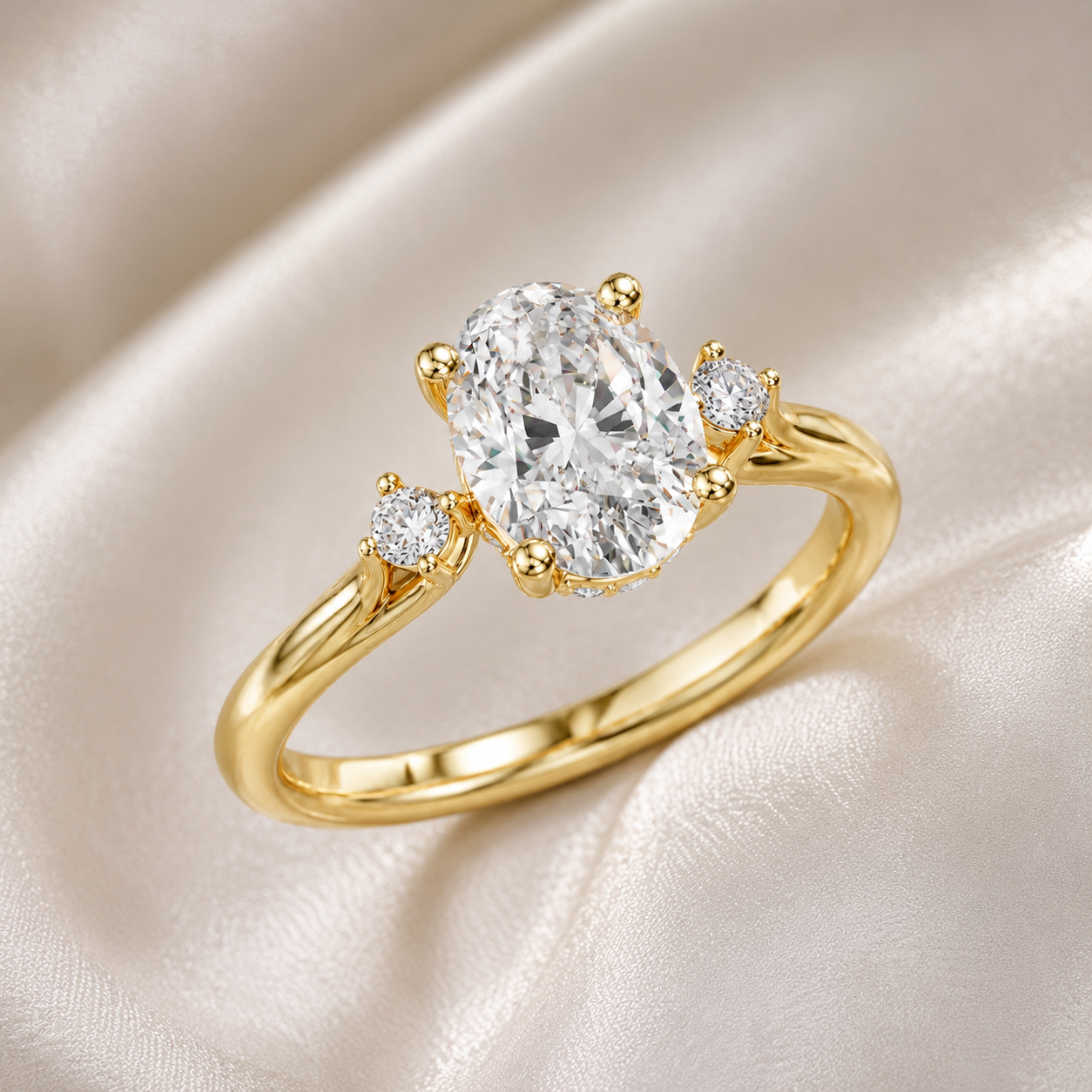 A yellow gold ring featuring a large oval-cut clear center stone and two smaller round stones on either side, displayed on a soft cream satin fabric background.
