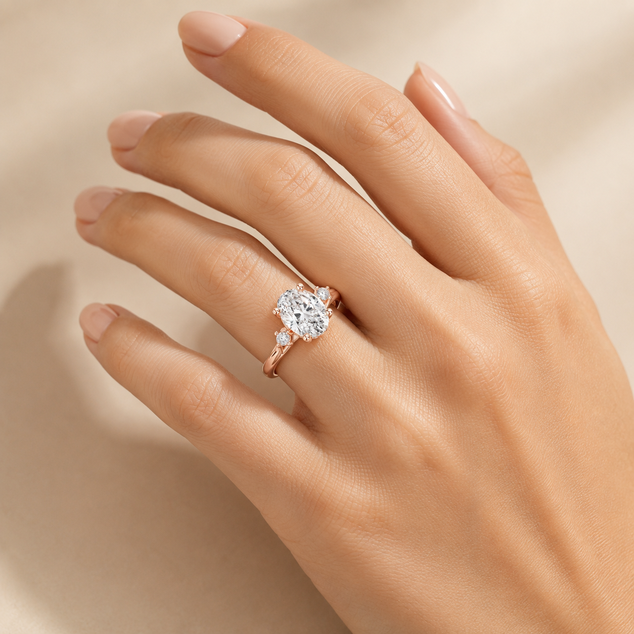 A close-up of a hand wearing a rose gold ring with a round-cut diamond and smaller accent diamonds, set against a soft beige background.