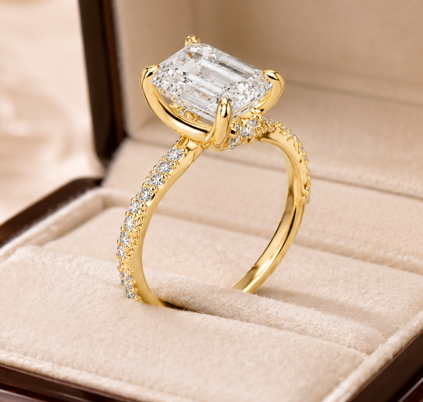 A yellow gold ring with a large rectangular emerald-cut clear center stone and pavé-set stones on the band, displayed inside an open Carré jewelry box.