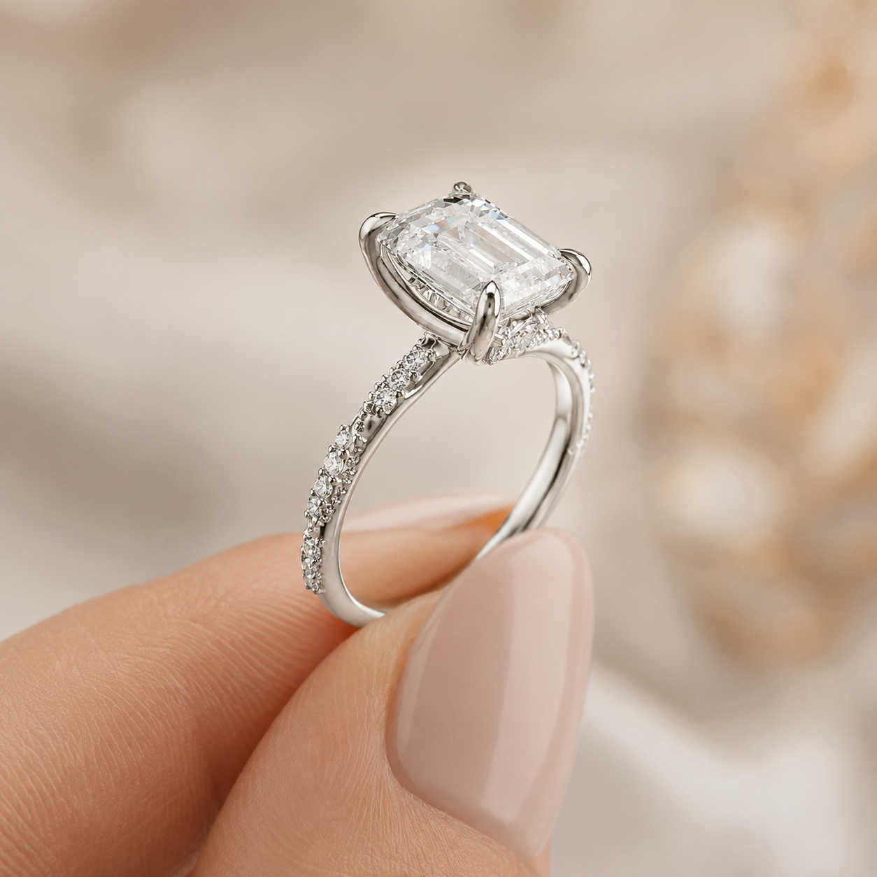 A silver engagement ring with a large rectangular emerald-cut diamond and pavé-set band, held between fingers against a soft beige background.