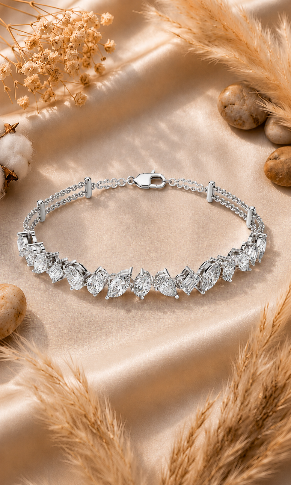 A silver-toned tennis bracelet with marquise-cut clear stones, displayed on a beige satin fabric with dried grass, cotton, and stones as decorative props.