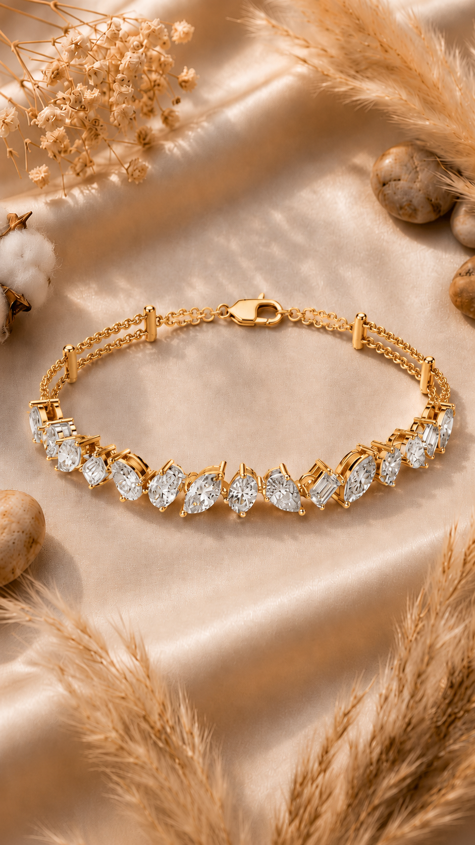 A gold chain bracelet adorned with marquise-cut clear stones, displayed on a draped beige satin fabric surrounded by dried grasses, cotton bolls, and small stones.