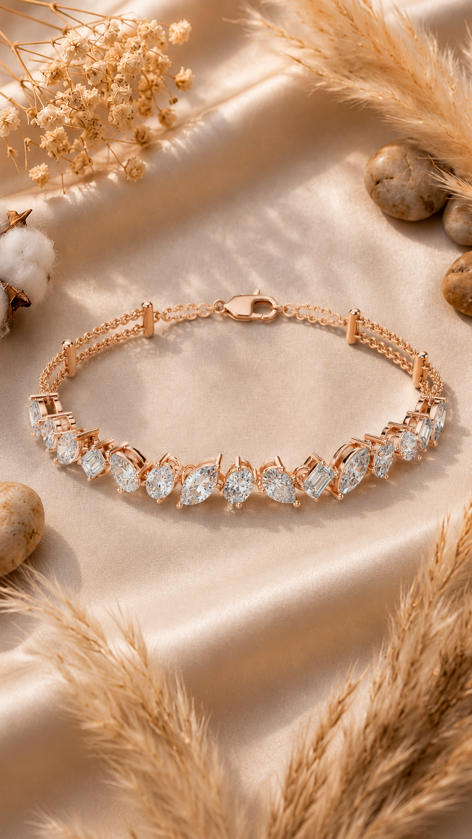 A rose gold tennis bracelet with marquise-cut clear stones, displayed on a beige satin fabric with dried grass, cotton, and stones.