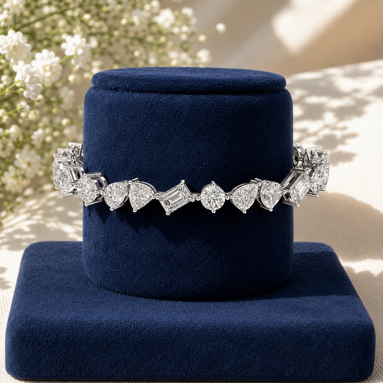 white Gold Luxury multi-shape diamond bracelet featuring heart, pear and emerald cuts by Kiashaa Jewellery.