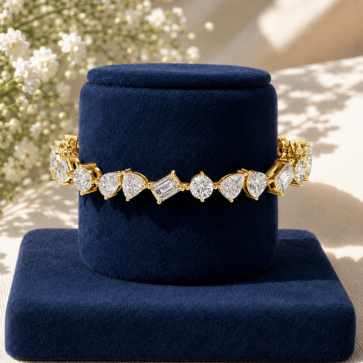Luxury multi-shape diamond bracelet featuring heart, pear and emerald cuts by Kiashaa Jewellery.