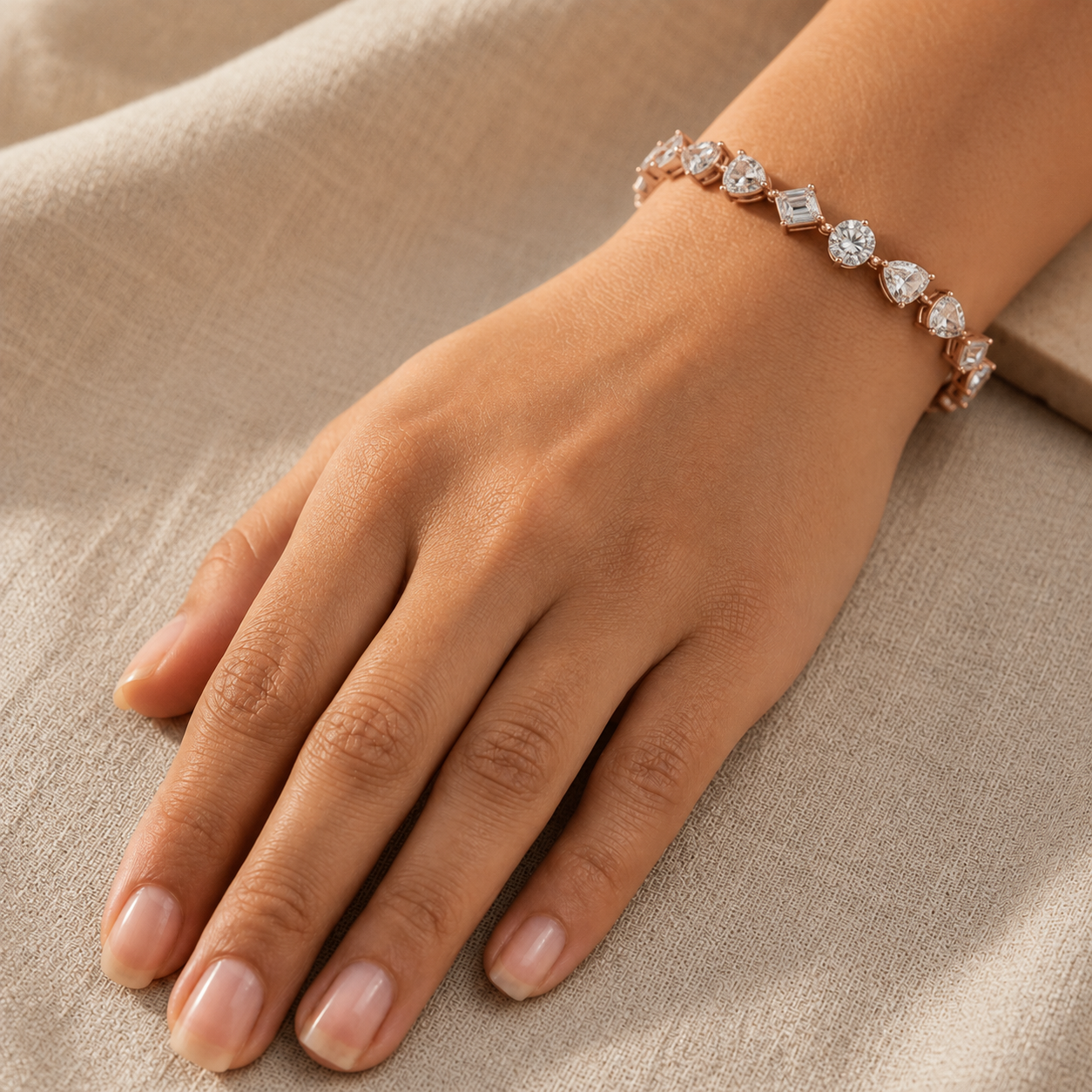 Rose gold 10.29 CT diamond tennis bracelet with 30 mixed-shape stones by Kiashaa Jewellery.