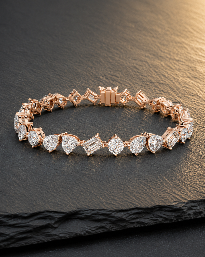 10.29 CT multi-shape diamond bracelet in rose gold with five diamond cuts by Kiashaa Jewellery.
