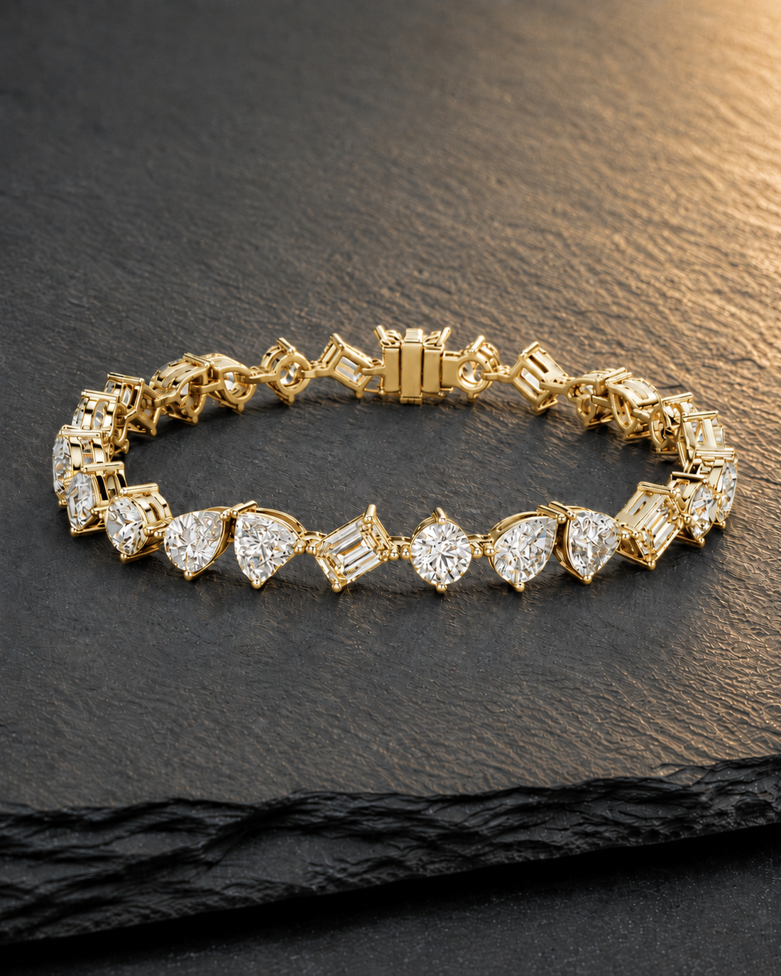 Yellow gold 10.29 CT diamond tennis bracelet with five elegant stone shapes by Kiashaa Jewellery.