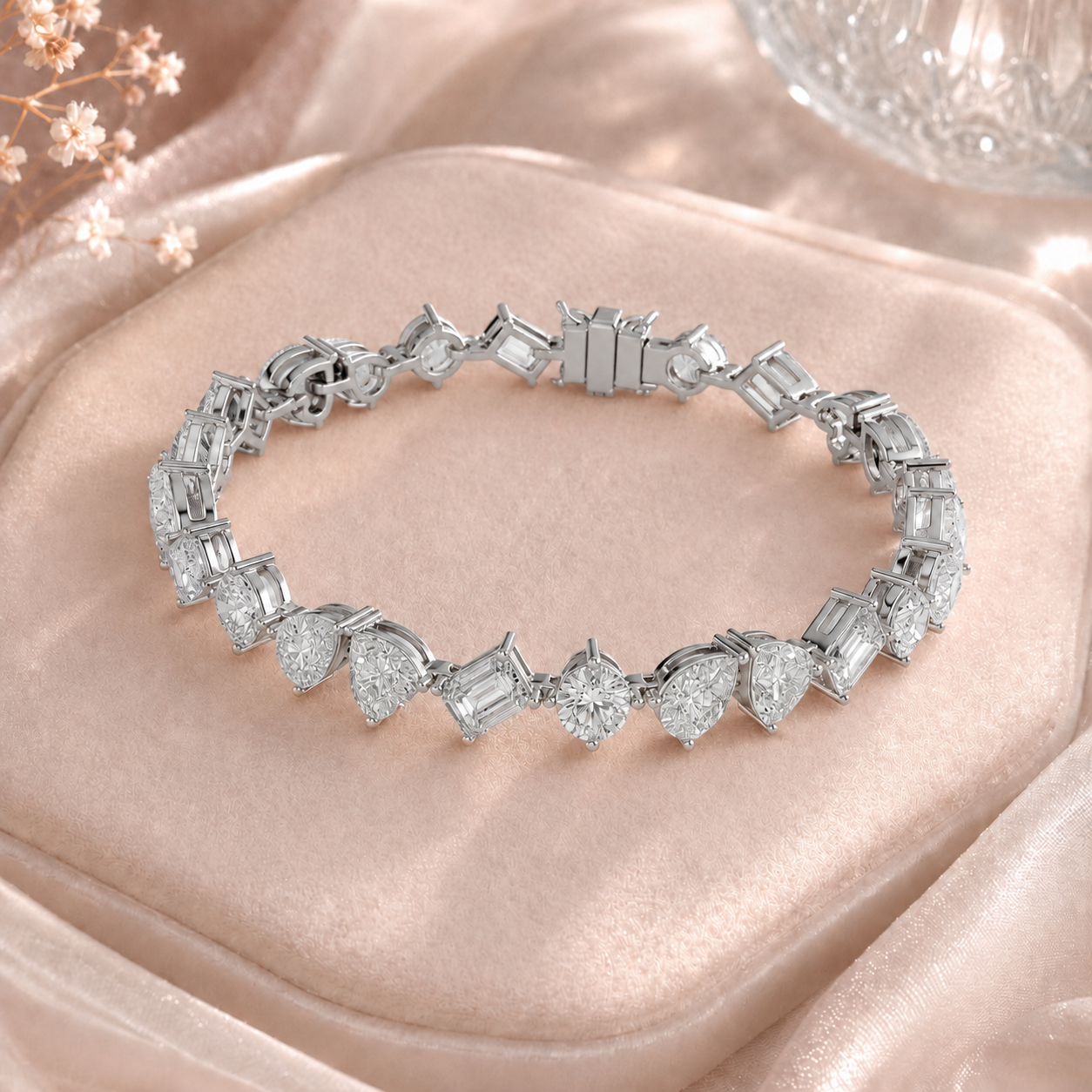 White gold multi-shape diamond bracelet with 30 brilliant mixed-cut stones by Kiashaa Jewellery.