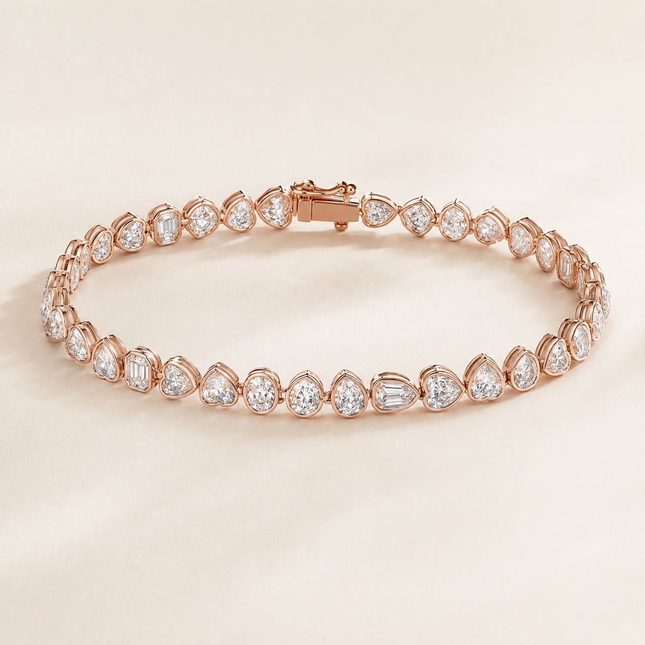 A rose gold tennis bracelet featuring a continuous row of clear teardrop-shaped gemstones in a prong setting, displayed on a soft beige background.