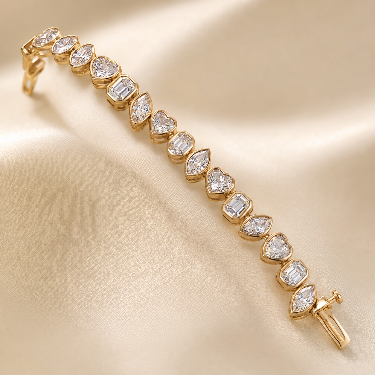 A yellow gold tennis bracelet featuring a series of clear heart-shaped and marquise-cut gemstones, displayed diagonally on a draped beige satin fabric.