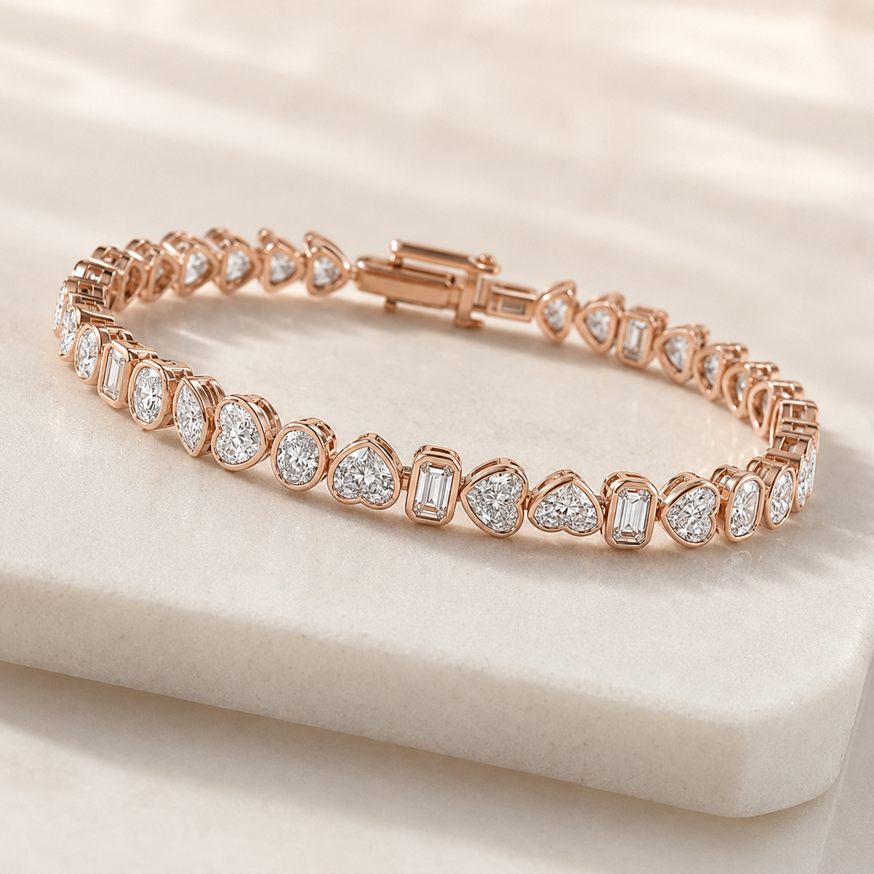 A rose gold tennis bracelet with heart-shaped and baguette-cut clear stones, displayed on a cream-colored jewelry stand.