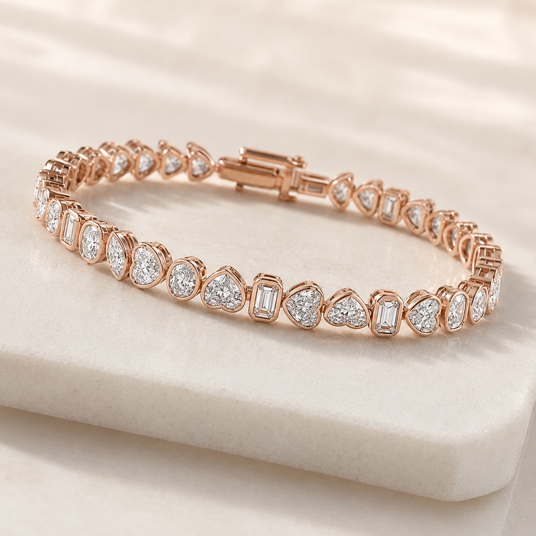 A rose gold tennis bracelet with heart-shaped and baguette-cut clear stones, displayed on a cream-colored jewelry stand.
