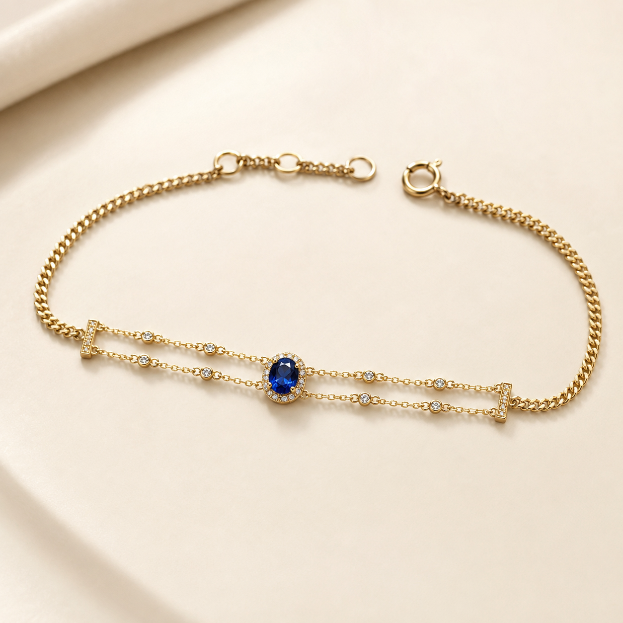 A gold chain bracelet featuring a central oval blue gemstone surrounded by small clear stones, displayed on a soft cream-colored surface.