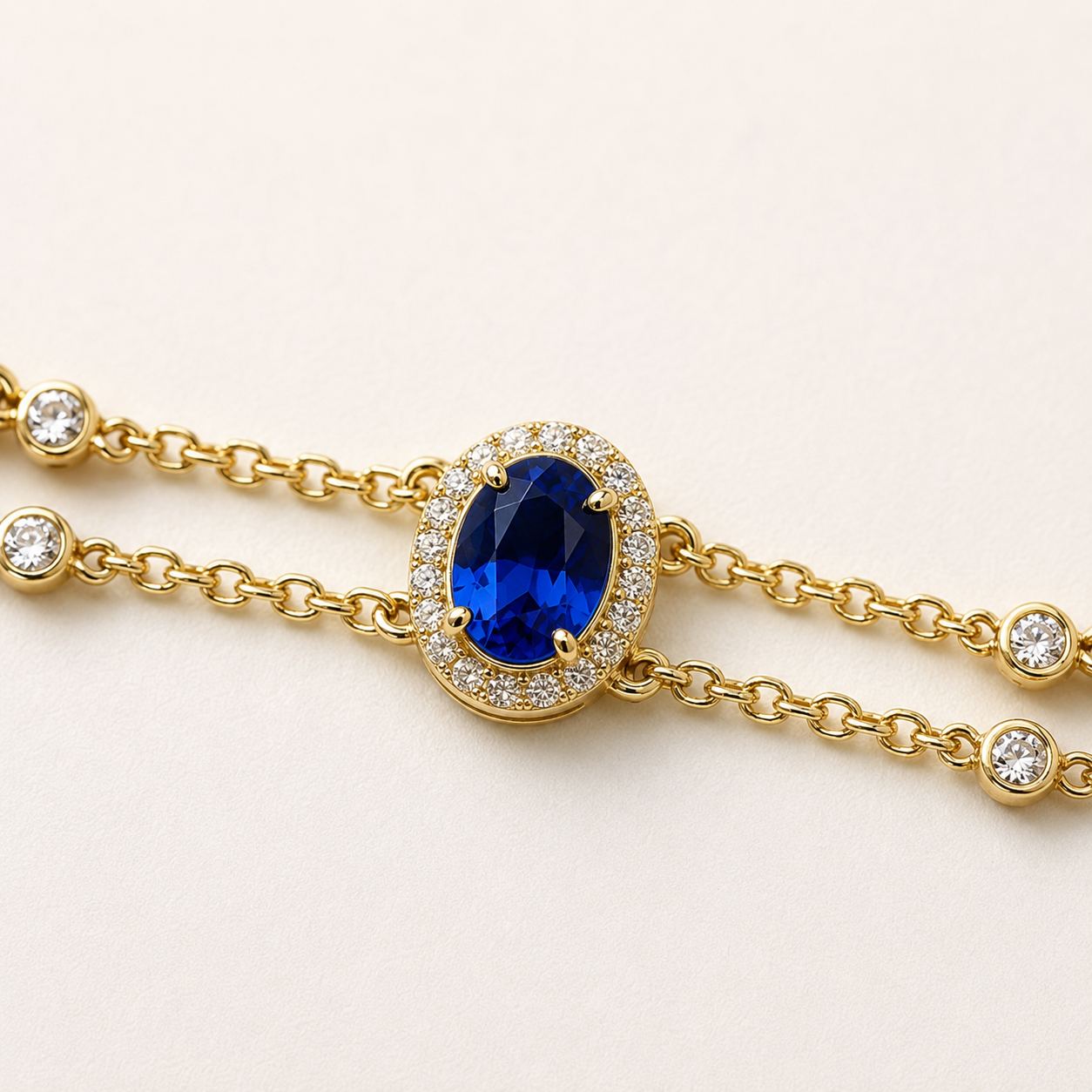 A gold chain bracelet featuring a central oval blue gemstone surrounded by a halo of small clear stones, with additional clear stones set along the chain on a light beige background.