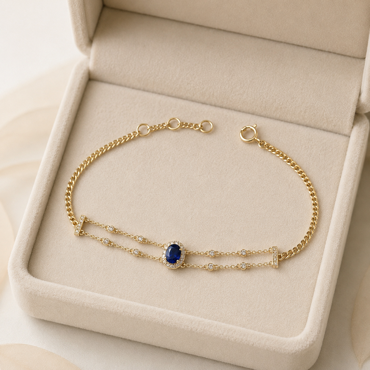 A delicate gold chain bracelet with a central oval blue gemstone surrounded by small clear stones, displayed inside an open cream-colored jewelry box.