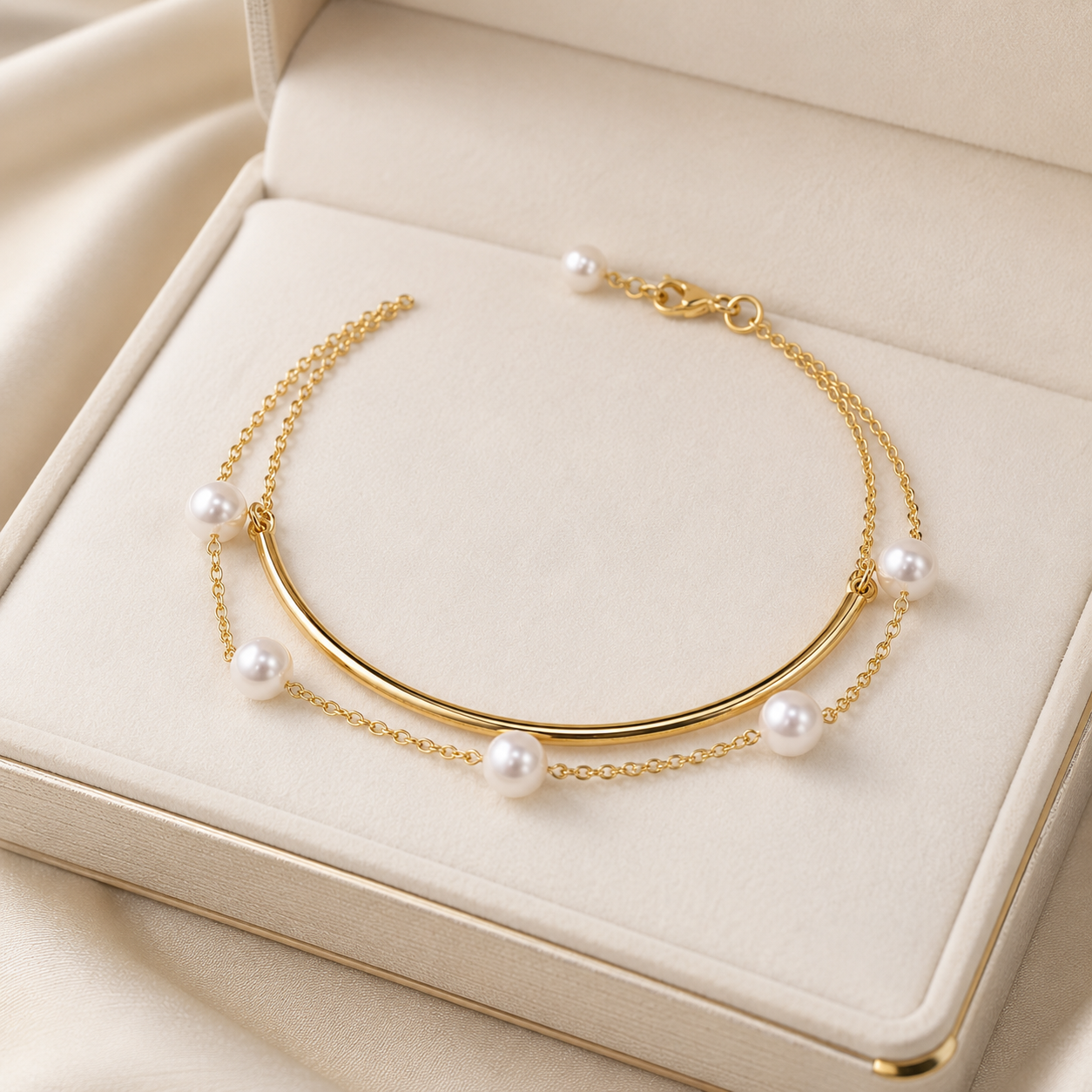 A delicate gold chain bracelet with a curved bar and white pearl accents, displayed inside an open cream-colored jewelry box.