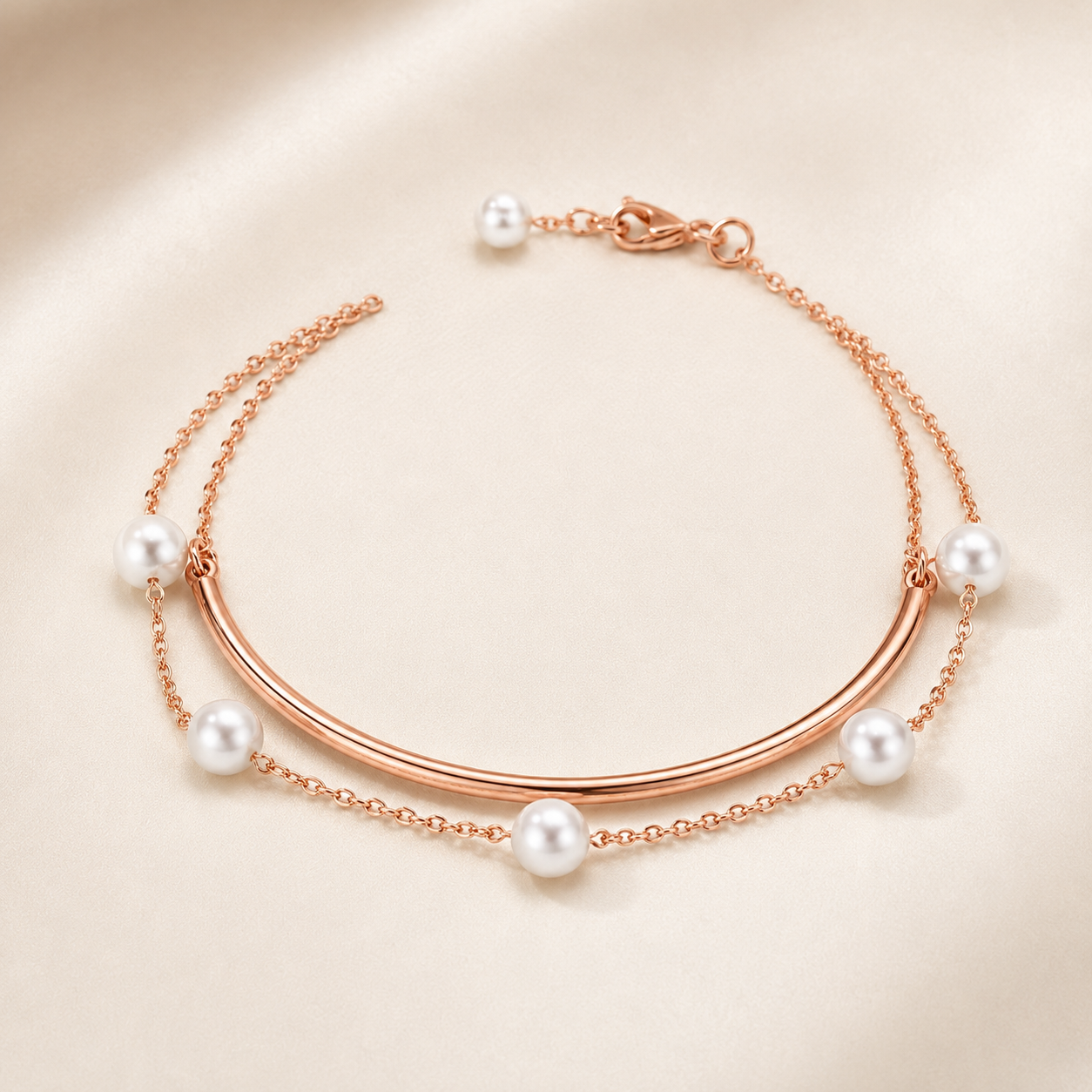 Rose gold double-layered bangle bracelet with white freshwater pearls, displayed on a soft beige satin background.