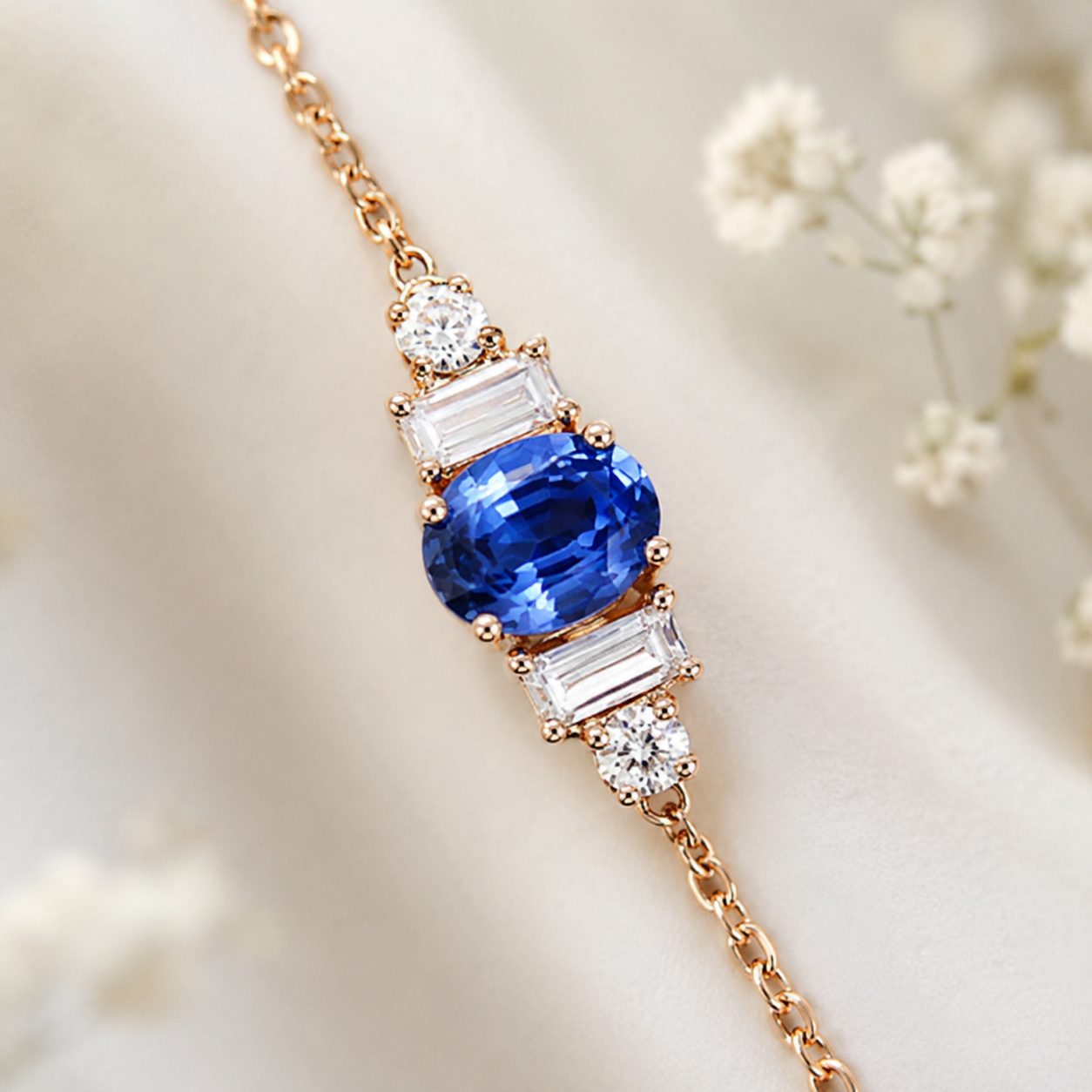 A close-up of a rose gold chain bracelet featuring a central oval-cut blue sapphire surrounded by baguette and round clear stones, displayed on a soft cream fabric background with blurred white flowers.