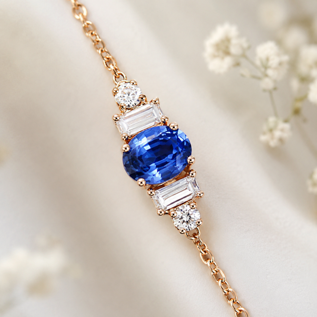 A close-up of a rose gold chain bracelet featuring a central oval-cut blue sapphire surrounded by baguette and round clear stones, displayed on a soft cream fabric background with blurred white flowers.