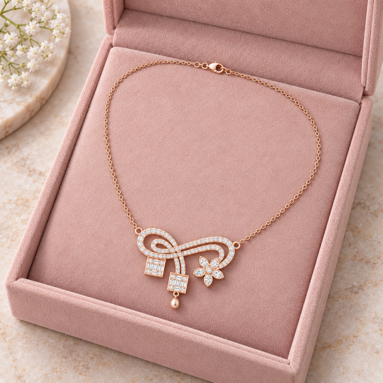 Eternal Bloom 3.011 CT Infinity Floral Diamond Pearl Necklace