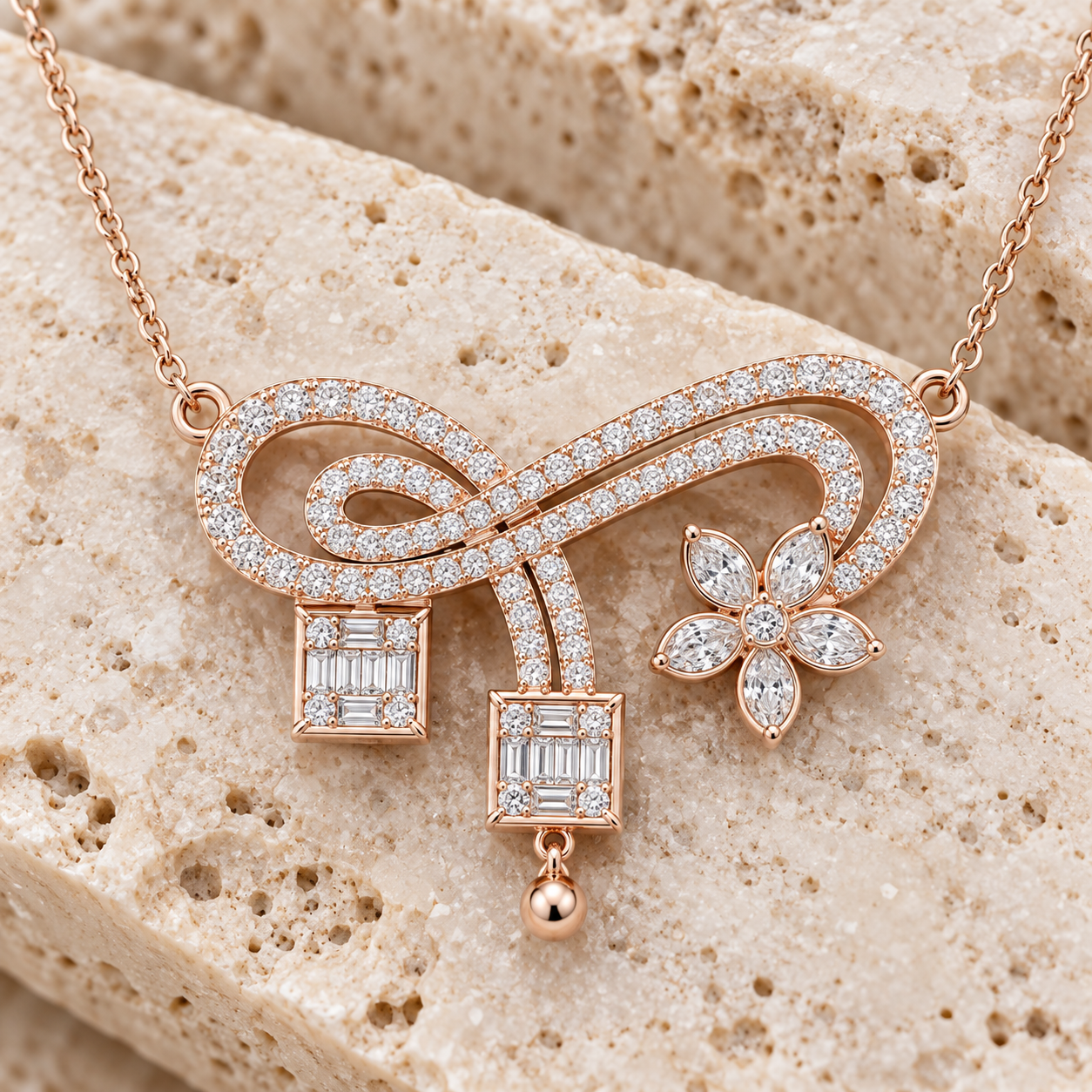 Eternal Bloom 3.011 CT Infinity Floral Diamond Pearl Necklace