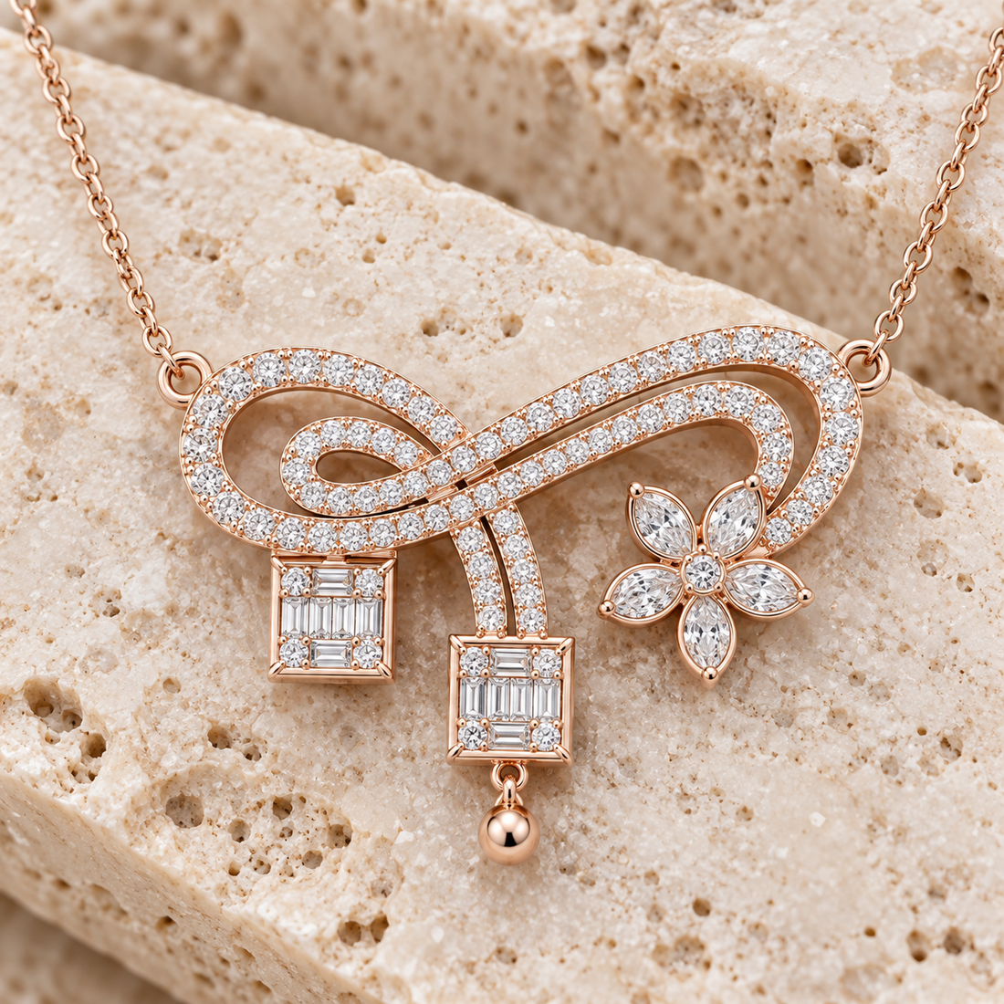 Eternal Bloom 3.011 CT Infinity Floral Diamond Pearl Necklace