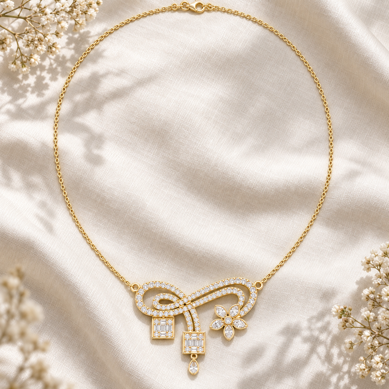 Eternal Bloom 3.011 CT Infinity Floral Diamond Pearl Necklace