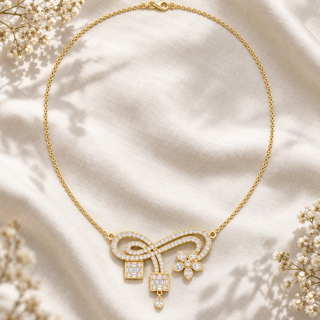 Eternal Bloom 3.011 CT Infinity Floral Diamond Pearl Necklace