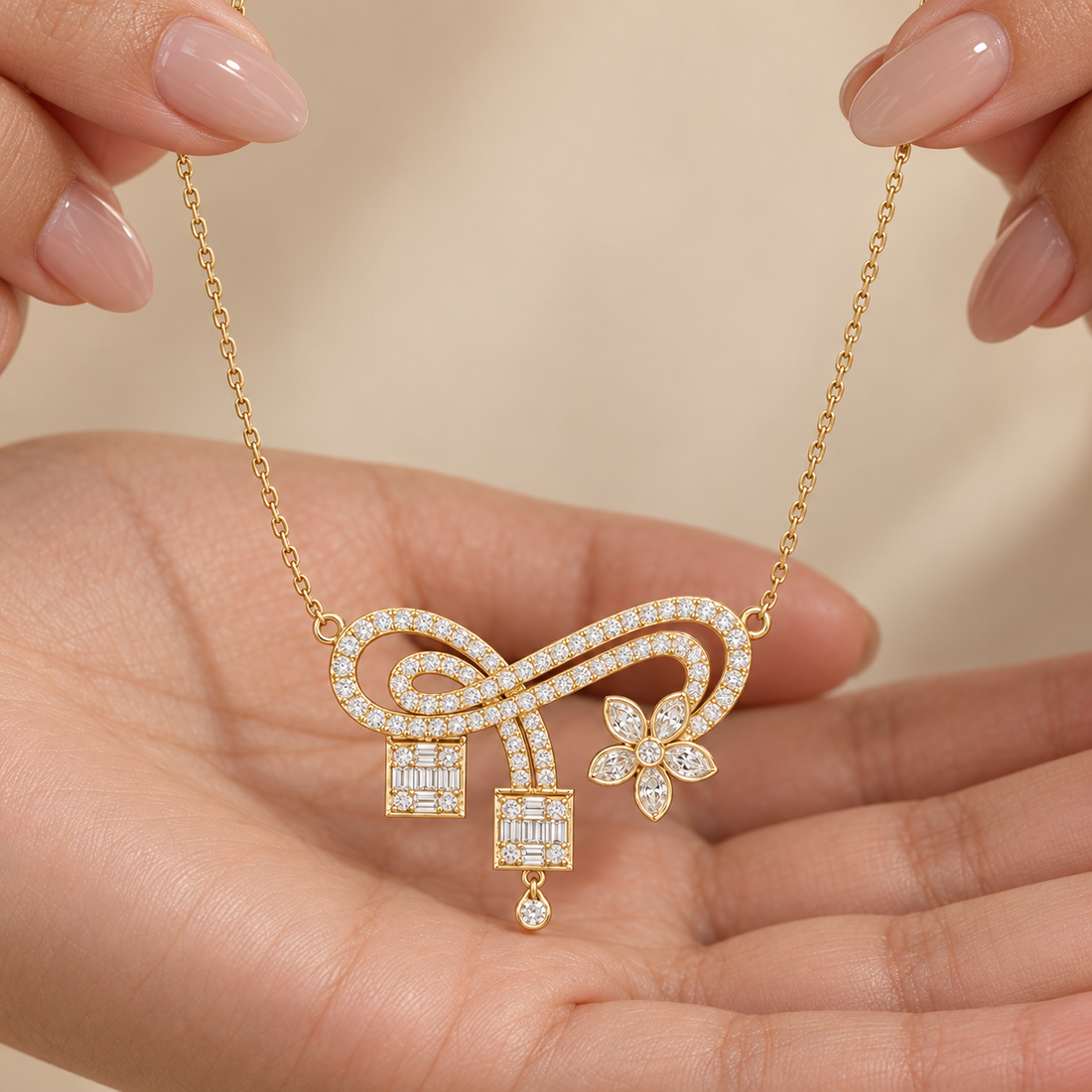 Eternal Bloom 3.011 CT Infinity Floral Diamond Pearl Necklace