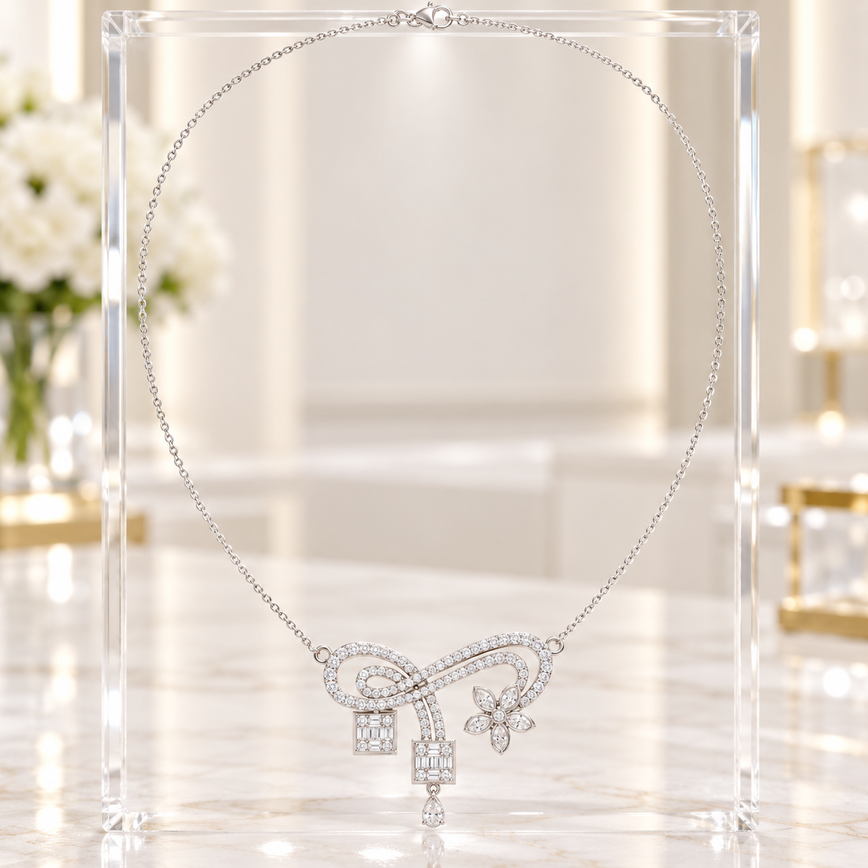 Eternal Bloom 3.011 CT Infinity Floral Diamond Pearl Necklace