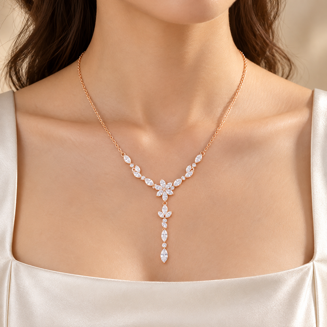 Elara Vine 0.392 CT Floral Diamond Pearl Y Necklace