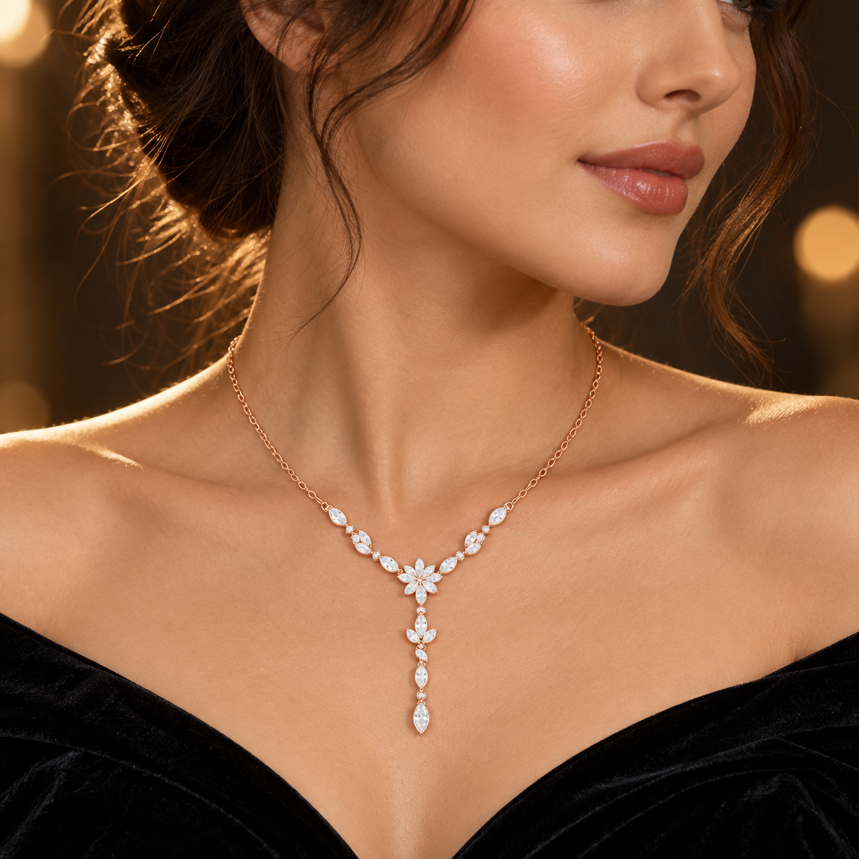 Elara Vine 0.392 CT Floral Diamond Pearl Y Necklace