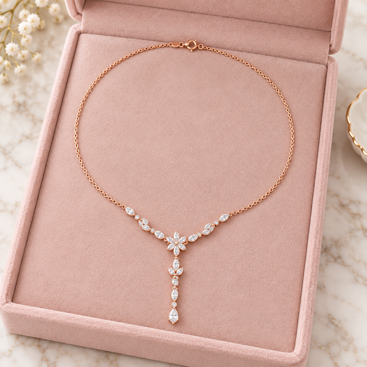 Elara Vine 0.392 CT Floral Diamond Pearl Y Necklace