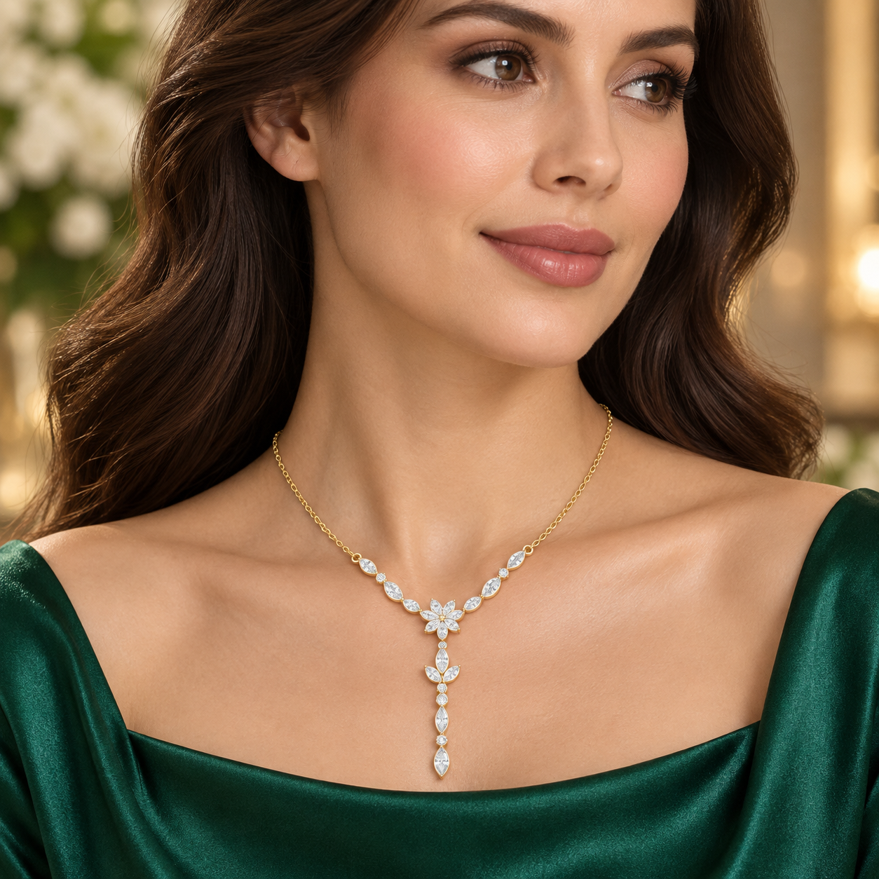 Elara Vine 0.392 CT Floral Diamond Pearl Y Necklace