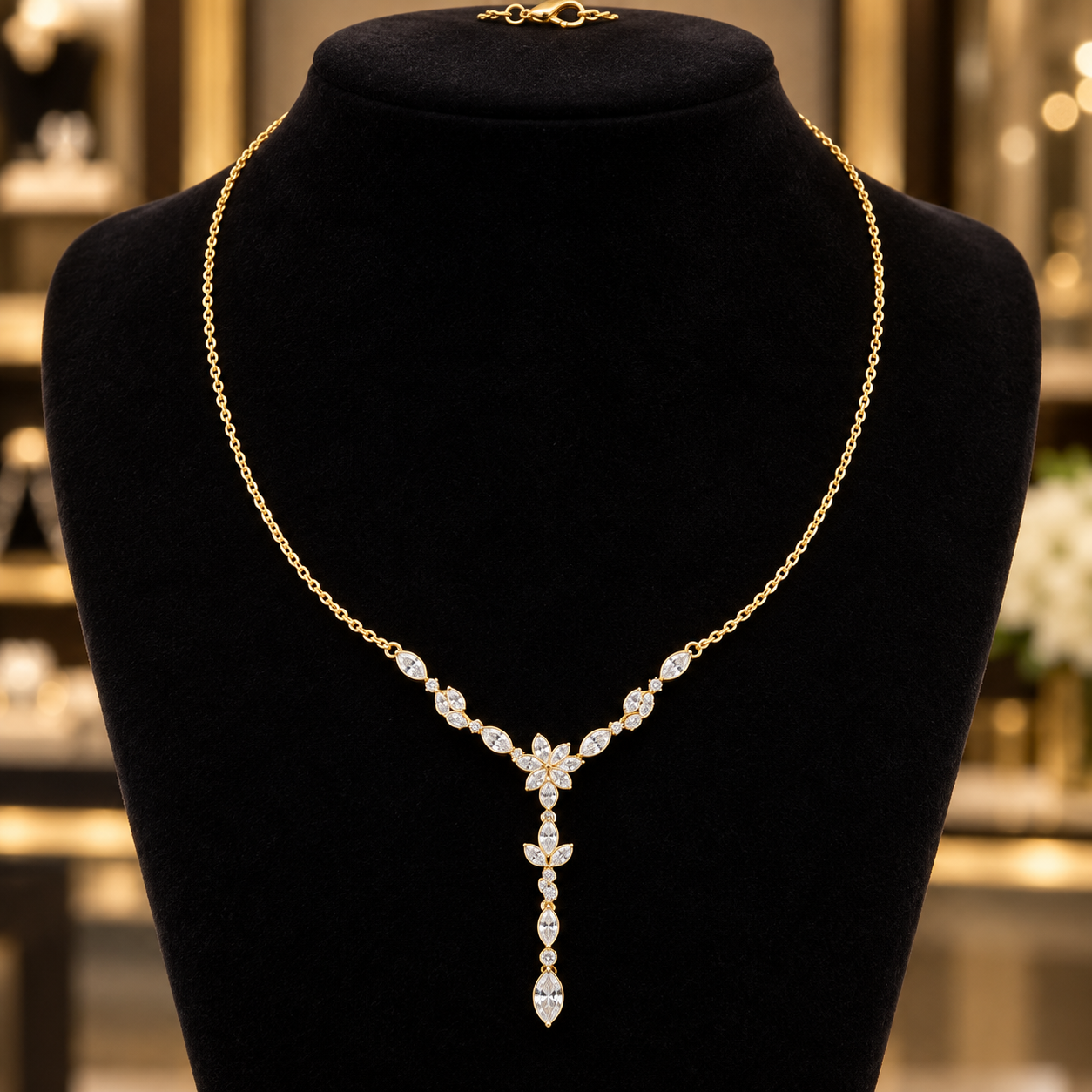 Elara Vine 0.392 CT Floral Diamond Pearl Y Necklace