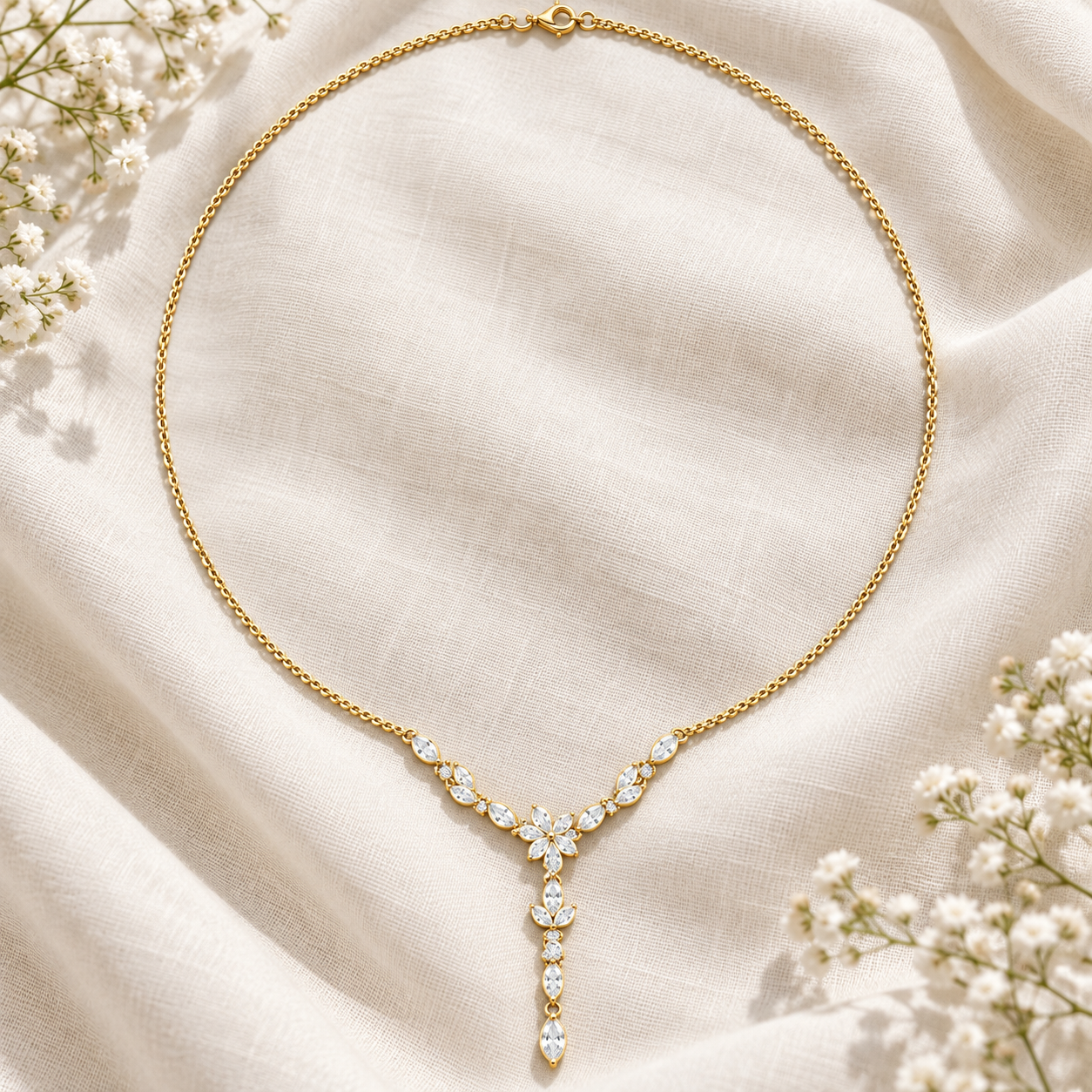 Elara Vine 0.392 CT Floral Diamond Pearl Y Necklace
