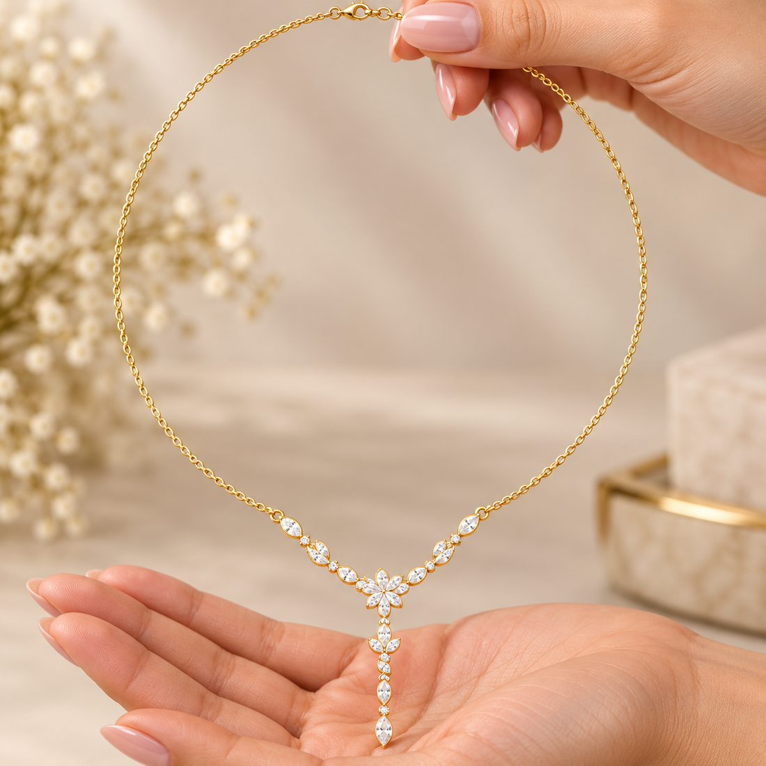 Elara Vine 0.392 CT Floral Diamond Pearl Y Necklace