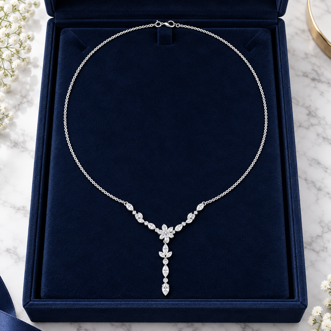 Elara Vine 0.392 CT Floral Diamond Pearl Y Necklace