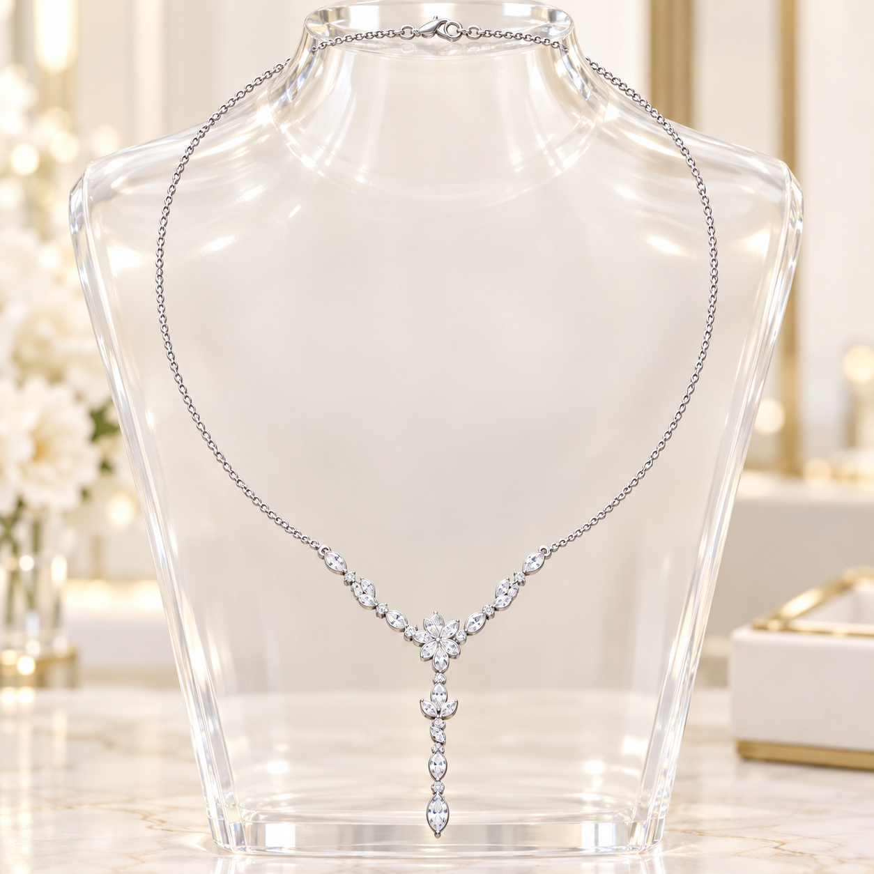 Elara Vine 0.392 CT Floral Diamond Pearl Y Necklace