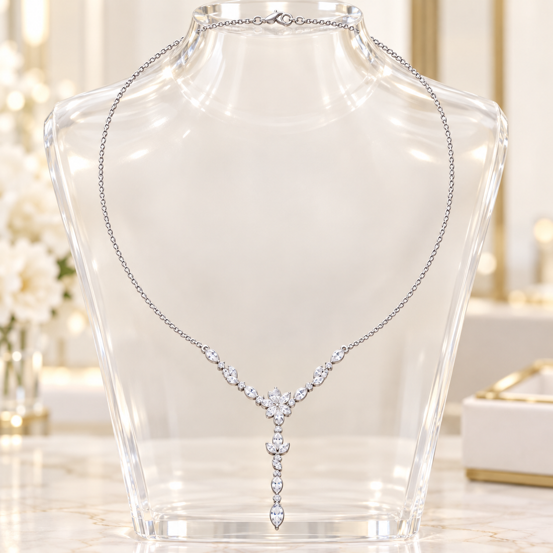 Elara Vine 0.392 CT Floral Diamond Pearl Y Necklace