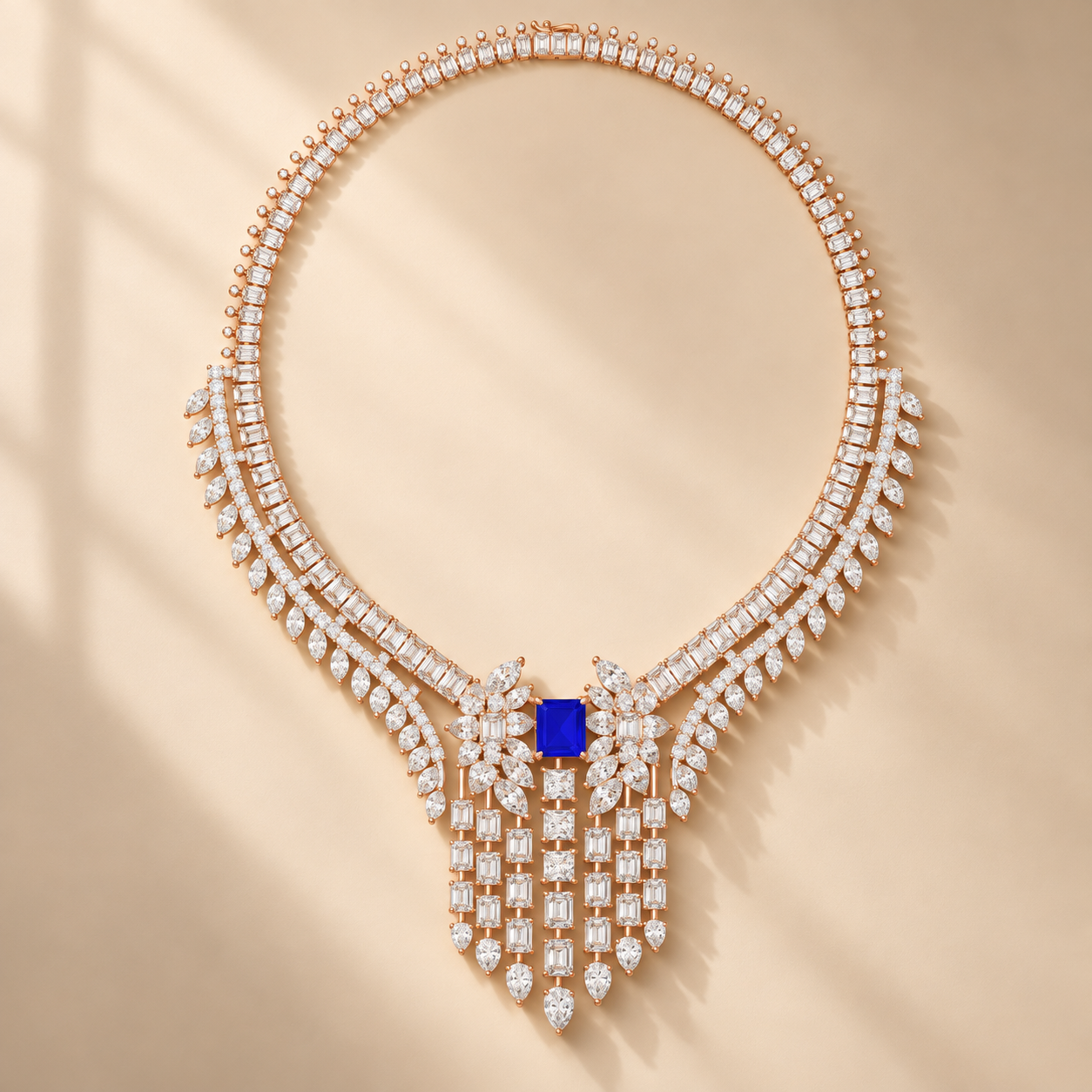 74.03 CTW Diamond & Blue Radiant Statement Necklace in 14K & 18K Gold