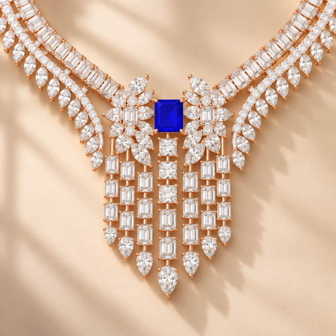 74.03 CTW Diamond & Blue Radiant Statement Necklace in 14K & 18K Gold