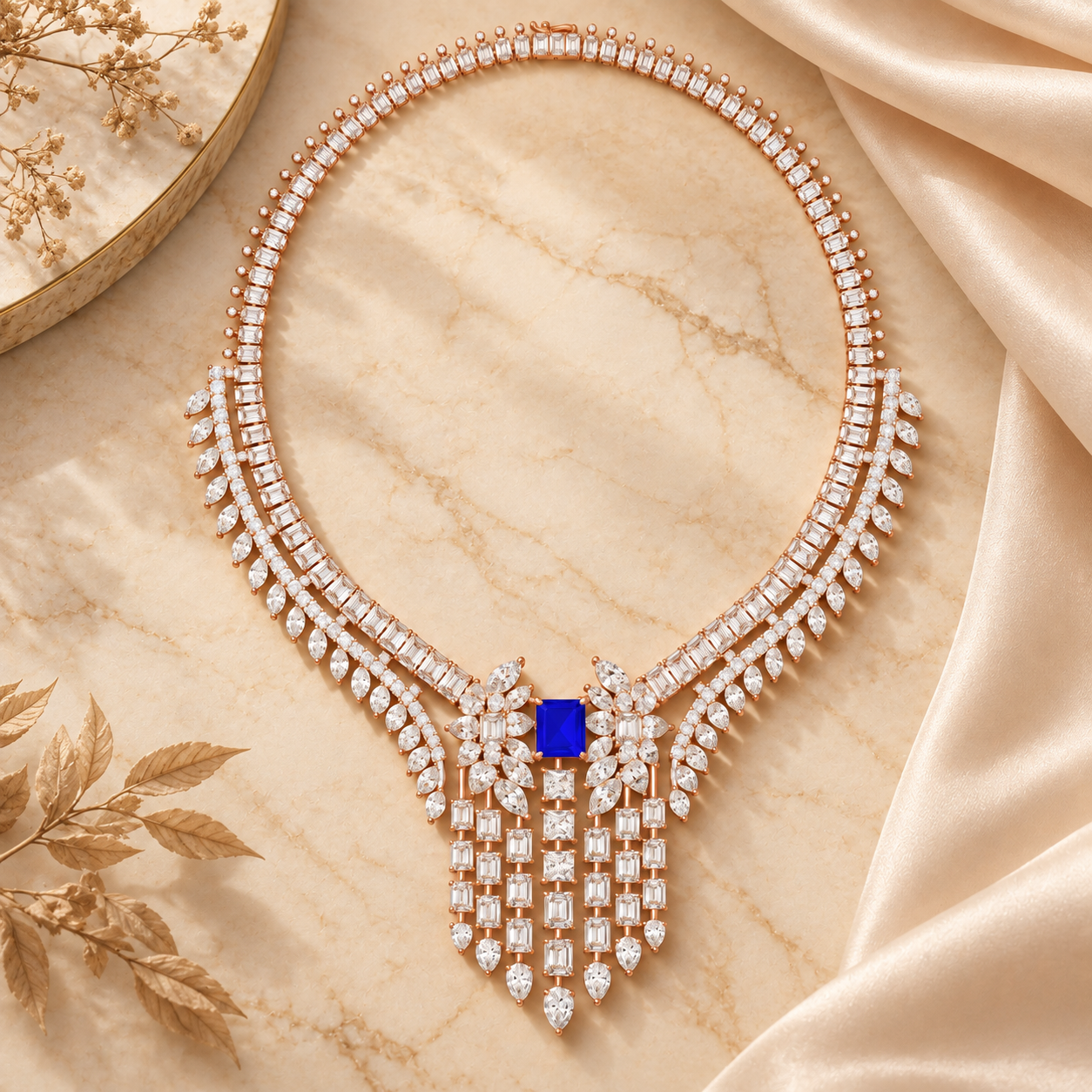74.03 CTW Diamond & Blue Radiant Statement Necklace in 14K & 18K Gold