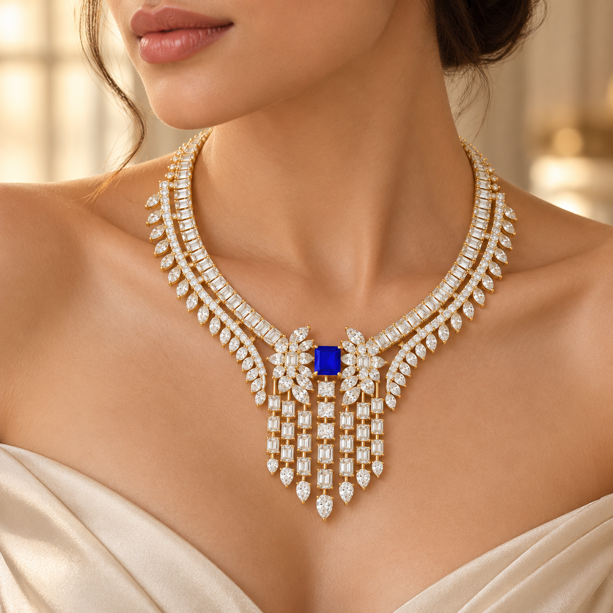 74.03 CTW Diamond & Blue Radiant Statement Necklace in 14K & 18K Gold