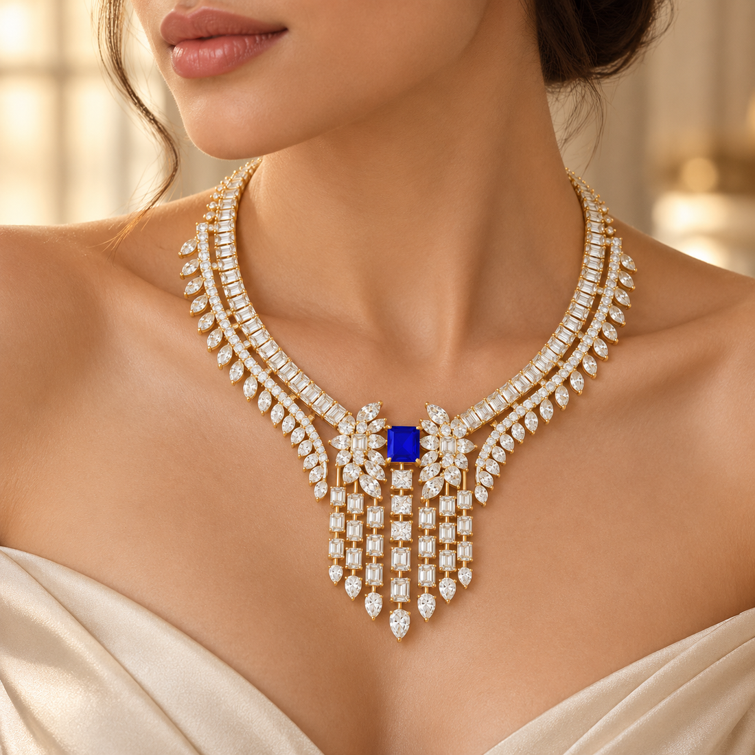 74.03 CTW Diamond & Blue Radiant Statement Necklace in 14K & 18K Gold
