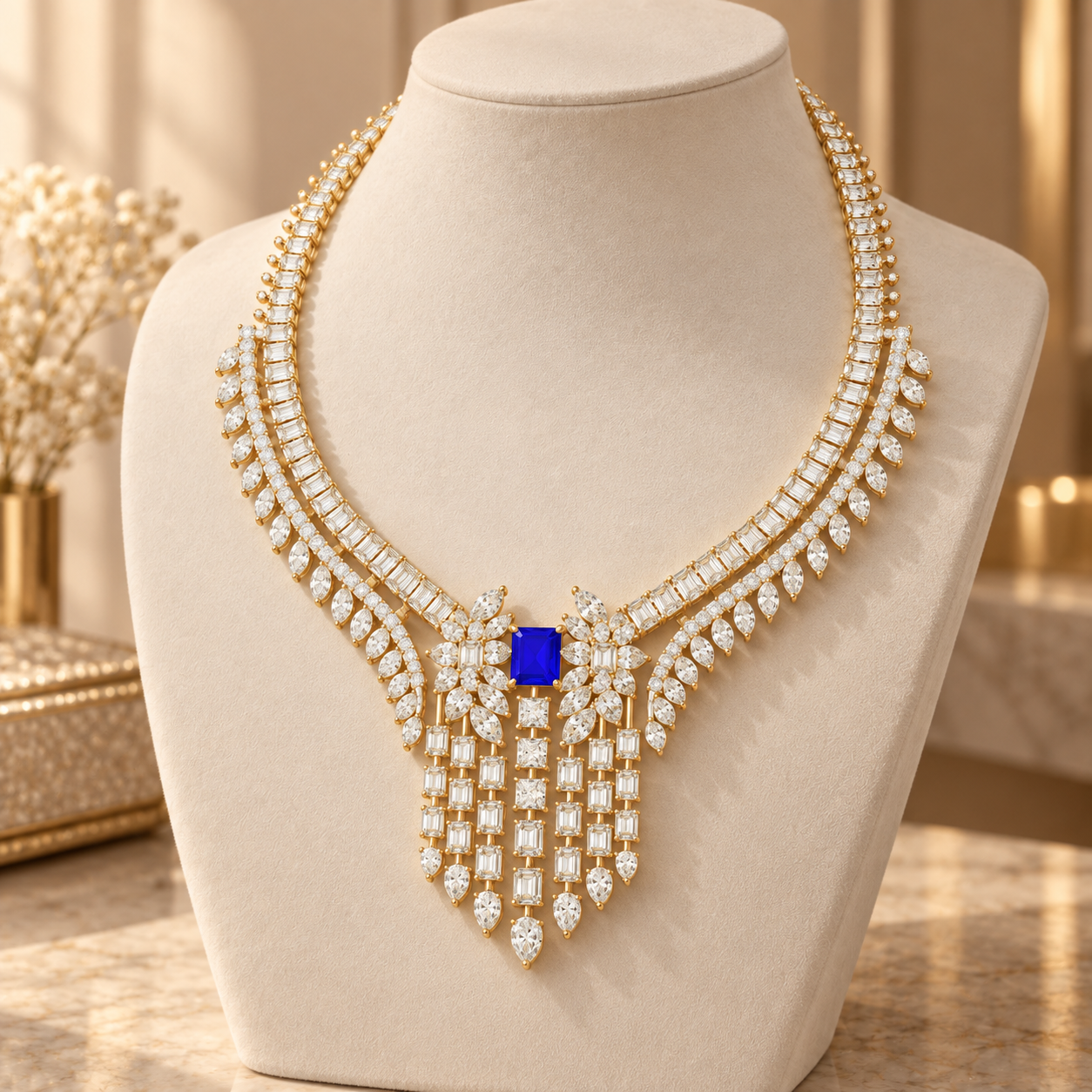 74.03 CTW Diamond & Blue Radiant Statement Necklace in 14K & 18K Gold