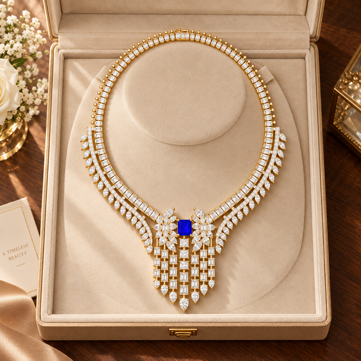 74.03 CTW Diamond & Blue Radiant Statement Necklace in 14K & 18K Gold