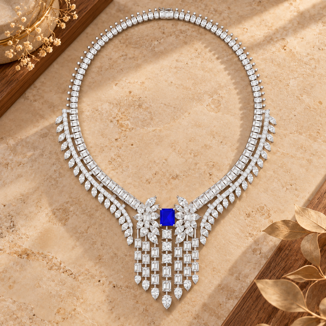 74.03 CTW Diamond & Blue Radiant Statement Necklace in 14K & 18K Gold